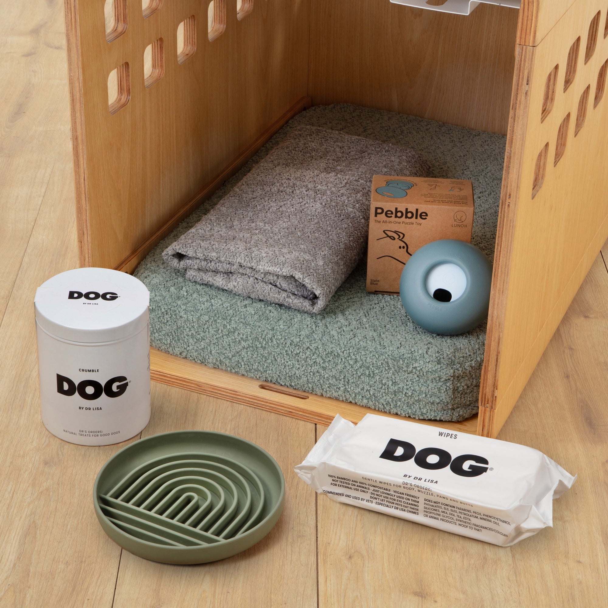 Fable crate bundle with Dog By Dr Lisa training treats and wipes, lick mat, pebble enrichment toy and crate mat with spare cover