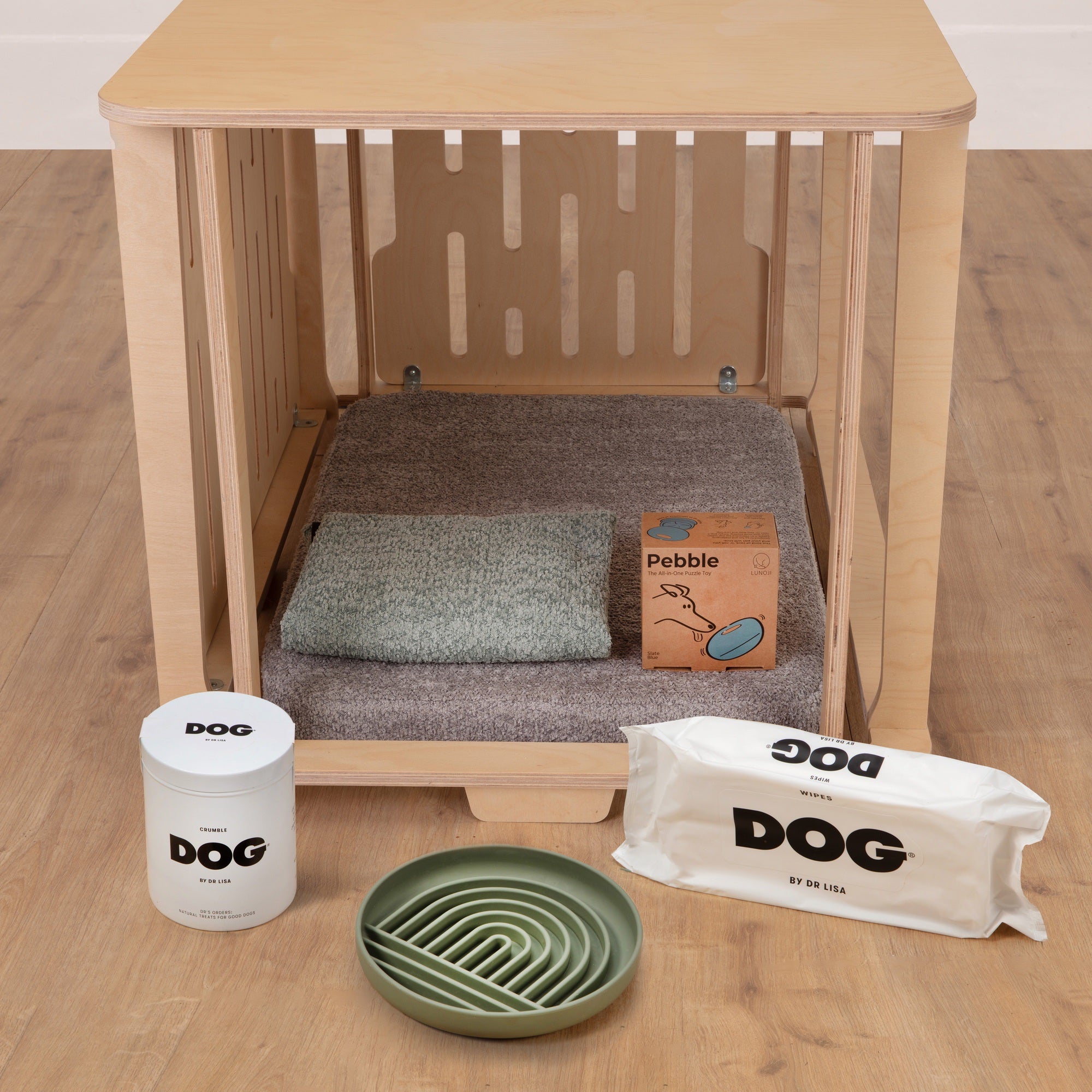 Busta crate cover bundle with Dog By Dr Lisa training treats and wipes, lick mat, pebble enrichment toy and crate mat with spare cover